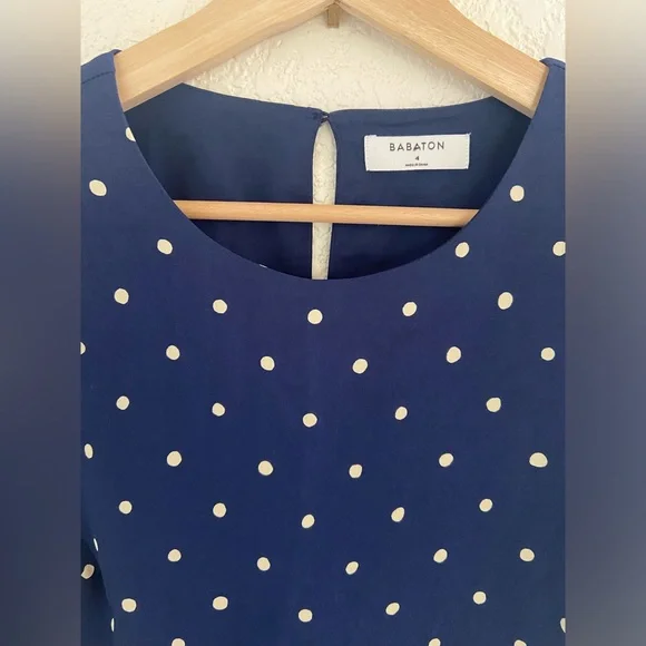 Aritzia Babaton Hamptons jumpsuit polka dot navy blue culottes cut-out back - Picture 4 of 5